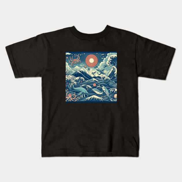 The Sea Wave and Sea Monster in Japanese Style Kids T-Shirt by Mayzarella